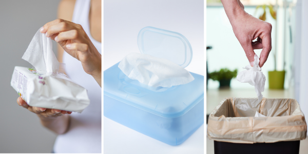 Disposable wipes from packet, dispenser and disposal in bin